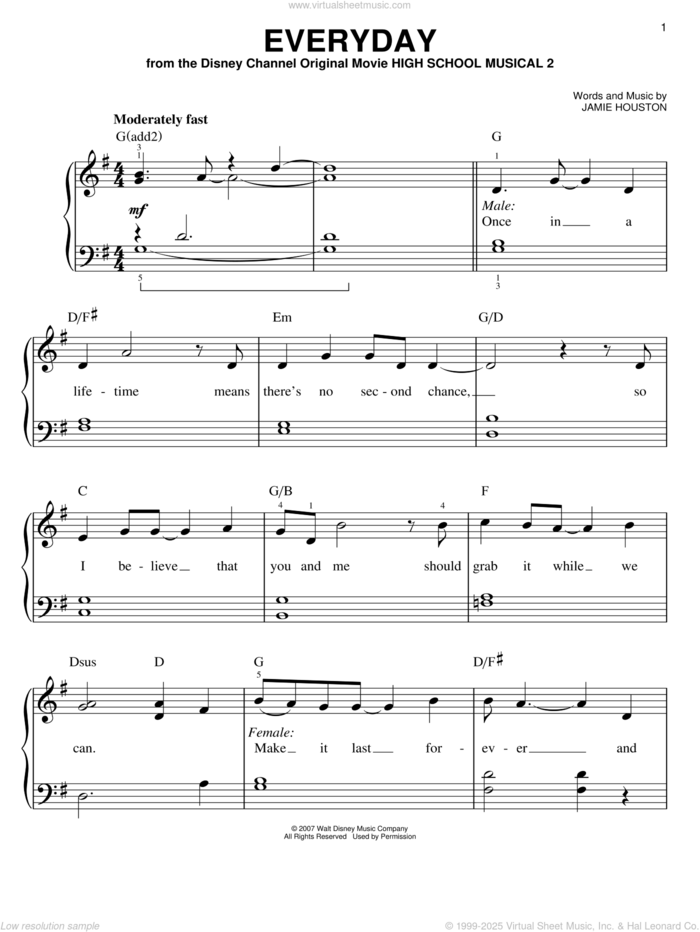 Everyday, (easy) sheet music for piano solo by High School Musical 2 and Jamie Houston, easy skill level