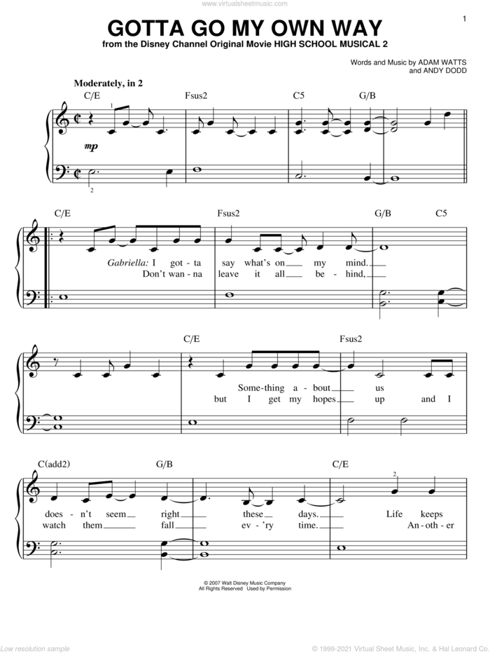 Gotta Go My Own Way sheet music for piano solo by High School Musical 2, Adam Watts and Andy Dodd, easy skill level