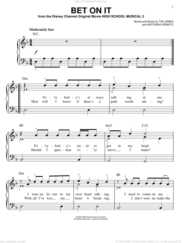 Bet On It, (easy) sheet music for piano solo by High School Musical 2 and Antonina Armato, easy skill level