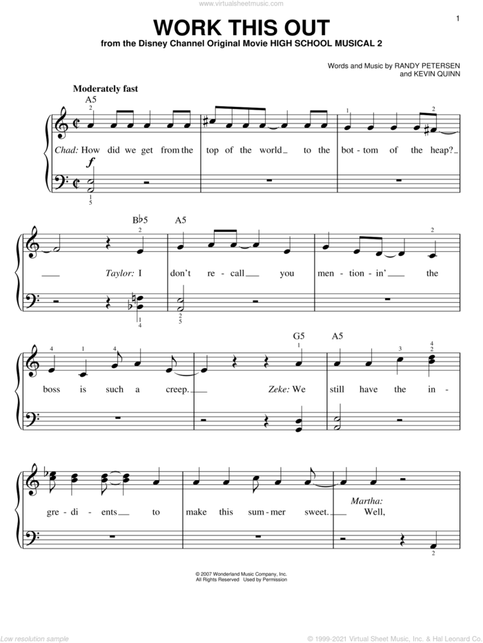 Work This Out, (easy) sheet music for piano solo by High School Musical 2, Kevin Quinn and Randy Petersen, easy skill level