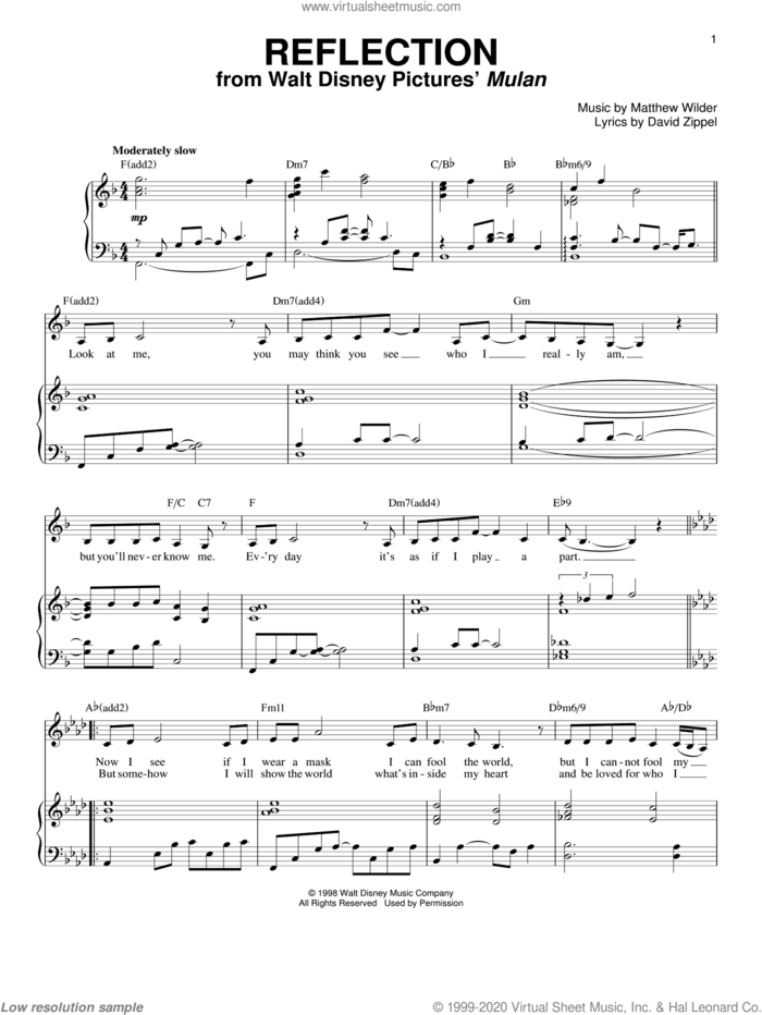 Reflection (Pop Version) (from Mulan) sheet music for voice and piano by David Zippel, Christina Aguilera, Mulan (Movie) and Matthew Wilder, intermediate skill level