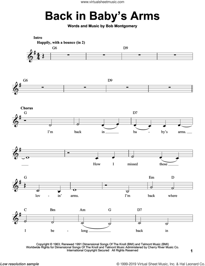 Back In Baby's Arms sheet music for voice solo by Patsy Cline and Bob Montgomery, intermediate skill level