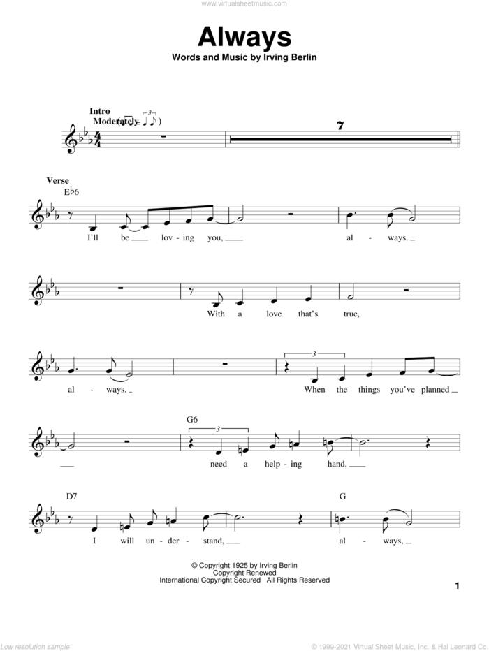 Always sheet music for voice solo by Irving Berlin, Billie Holiday, Frank Sinatra and Patsy Cline, intermediate skill level