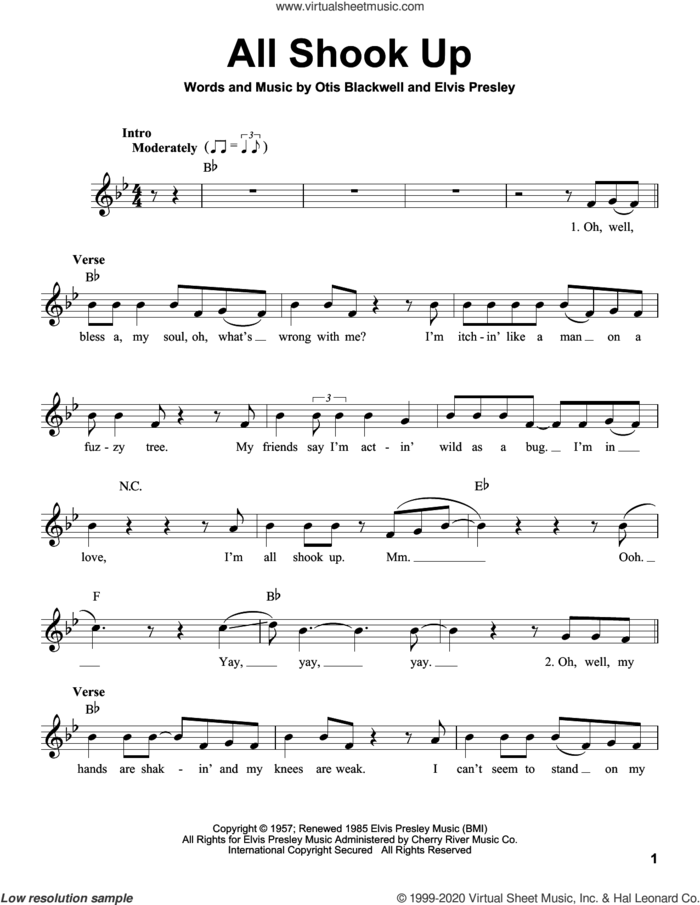 All Shook Up sheet music for voice solo by Elvis Presley, Suzi Quatro and Otis Blackwell, intermediate skill level
