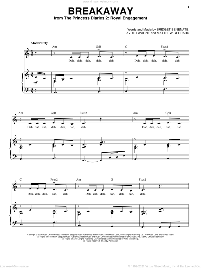 Breakaway sheet music for voice and piano by Kelly Clarkson, Avril Lavigne, Bridget Benenate and Matthew Gerrard, intermediate skill level