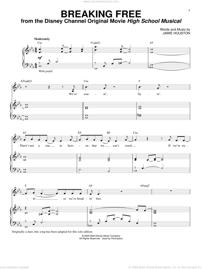 Breaking Free (from High School Musical) sheet music for voice and piano by Jamie Houston, High School Musical and Zac Efron and Vanessa Anne Hudgens, intermediate skill level