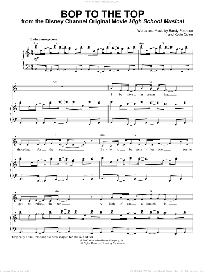 Bop To The Top (from High School Musical) sheet music for voice and piano by Randy Petersen, Ashley Tisdale and Lucas Grabeel, High School Musical and Kevin Quinn, intermediate skill level