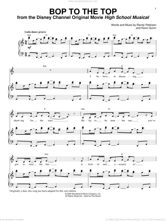 Bop To The Top (from High School Musical) sheet music for voice and piano by Randy Petersen, Ashley Tisdale and Lucas Grabeel, High School Musical and Kevin Quinn, intermediate skill level