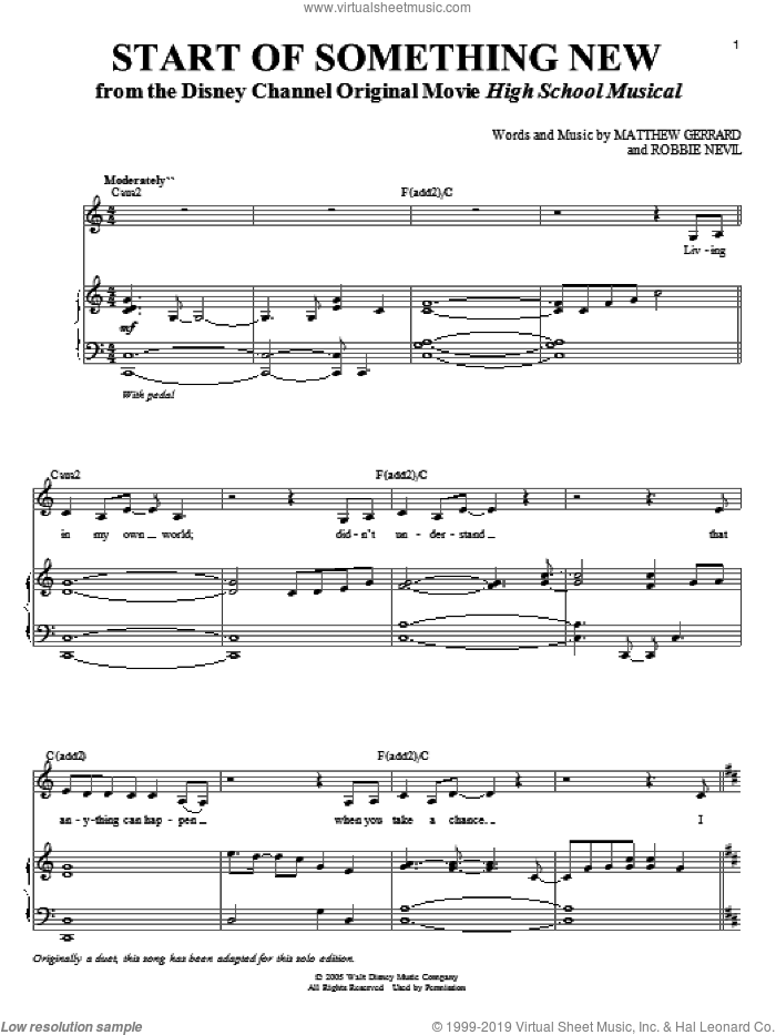 Start Of Something New sheet music for voice and piano by High School Musical, Matthew Gerrard and Robbie Nevil, intermediate skill level