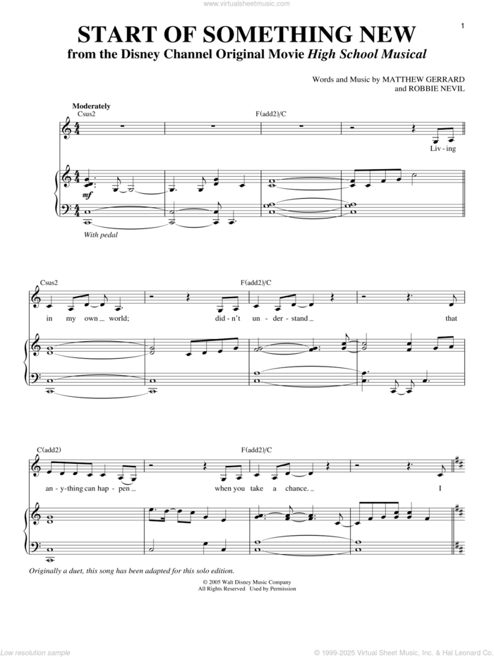 Start Of Something New sheet music for voice and piano by High School Musical, Matthew Gerrard and Robbie Nevil, intermediate skill level
