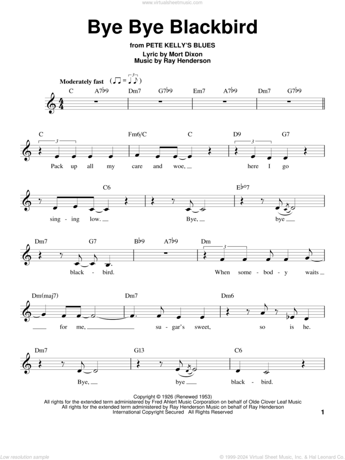 Bye Bye Blackbird sheet music for voice solo by Mort Dixon and Ray Henderson, intermediate skill level