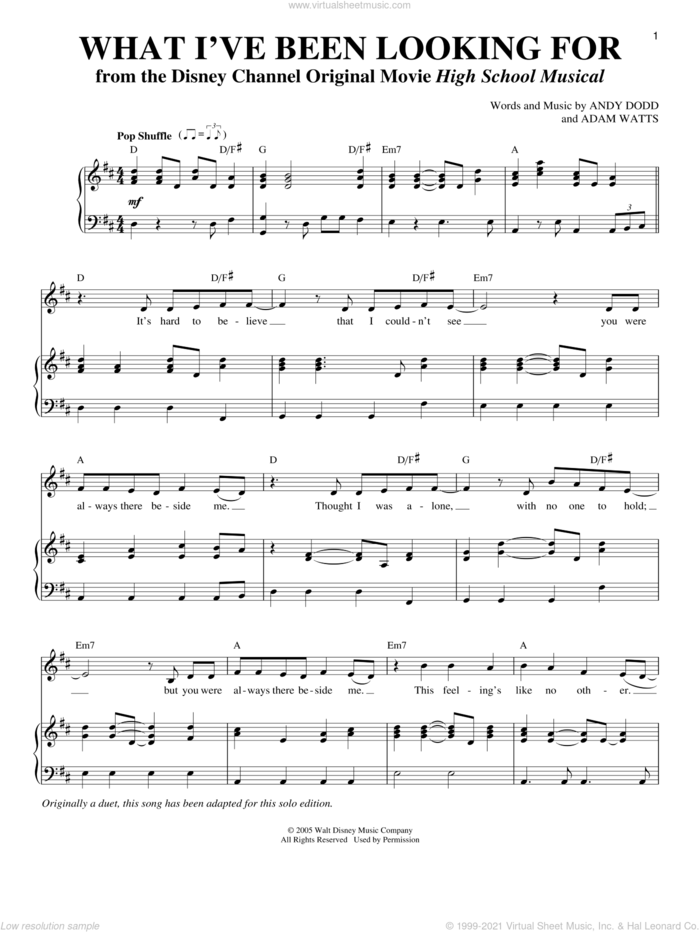 What I've Been Looking For sheet music for voice and piano by High School Musical, Adam Watts and Andy Dodd, intermediate skill level