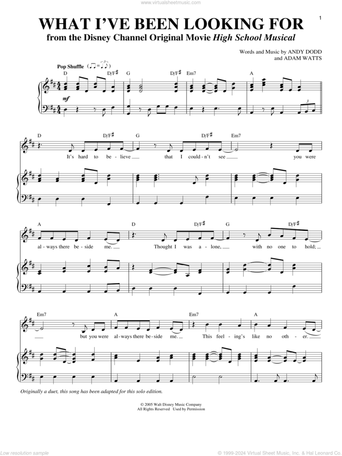 What I've Been Looking For sheet music for voice and piano by High School Musical, Adam Watts and Andy Dodd, intermediate skill level