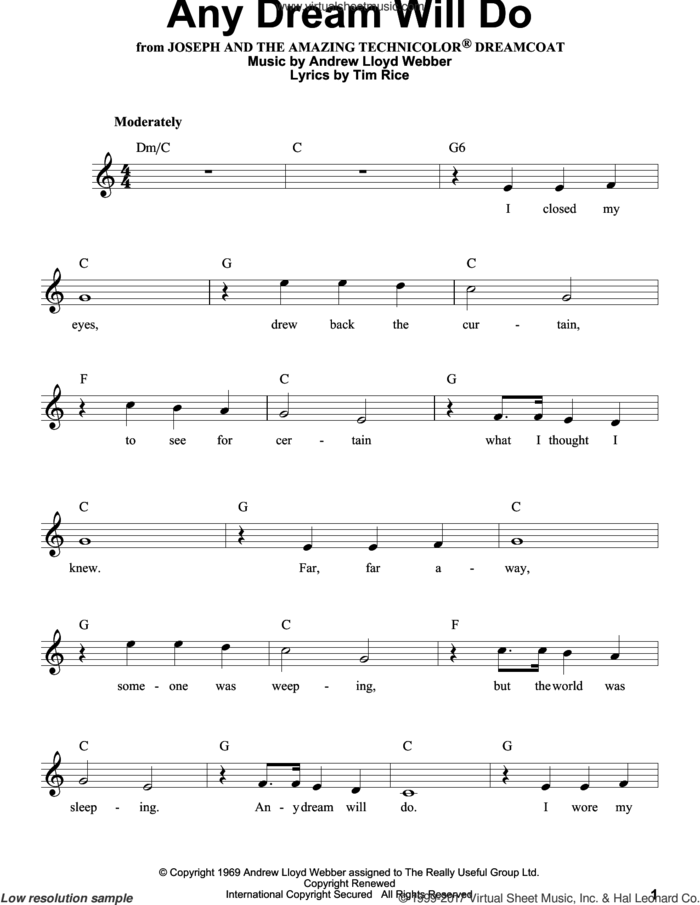 Any Dream Will Do sheet music for voice solo by Andrew Lloyd Webber and Tim Rice, intermediate skill level