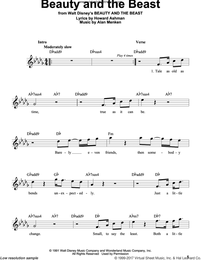 Beauty And The Beast sheet music for voice solo by Celine Dion & Peabo Bryson, Alan Menken and Howard Ashman, intermediate skill level