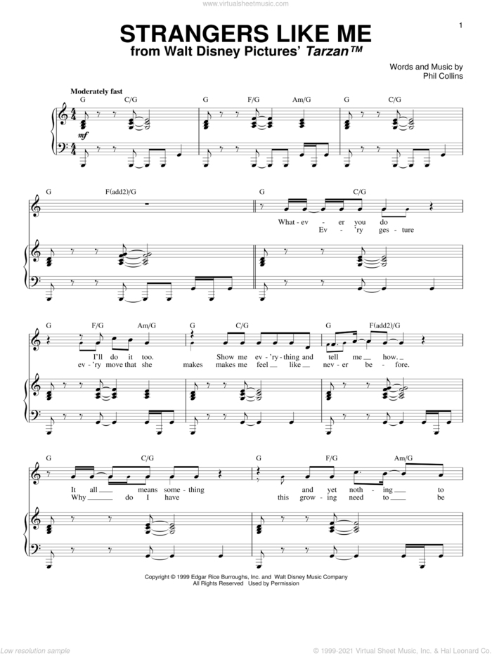 Strangers Like Me sheet music for voice and piano by Phil Collins, intermediate skill level