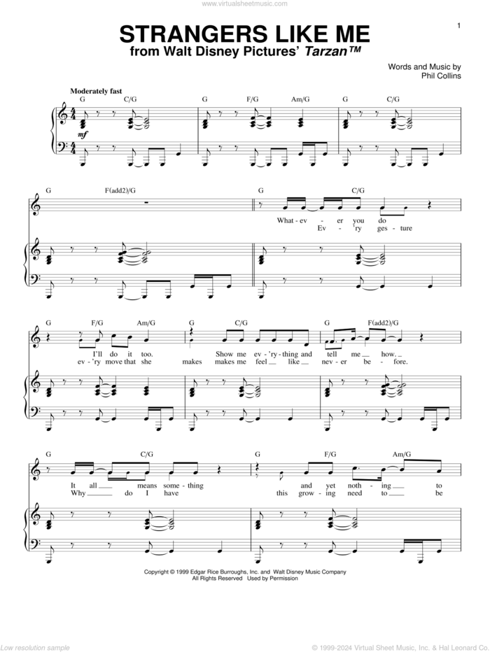 Strangers Like Me sheet music for voice and piano by Phil Collins, intermediate skill level