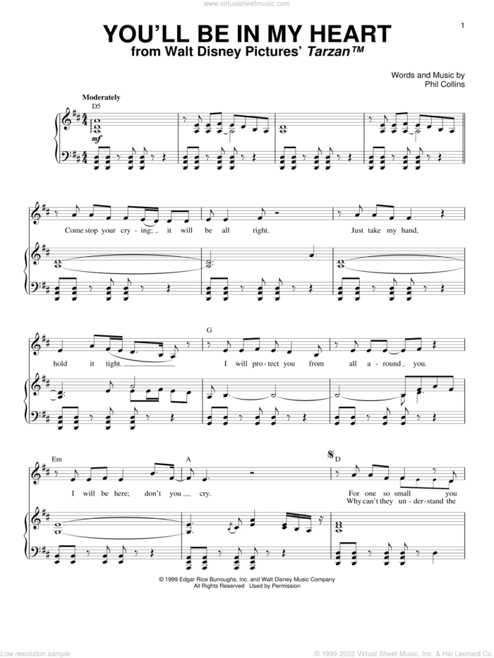 You'll Be In My Heart (from Tarzan) sheet music for voice and piano by Phil Collins, intermediate skill level