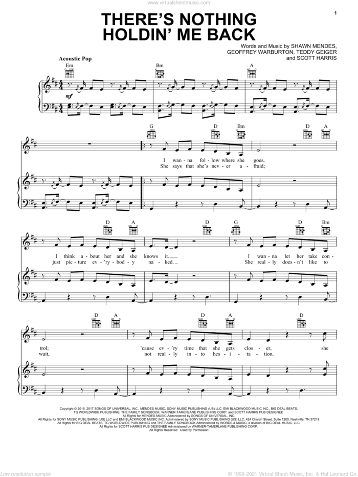 There's Nothing Holdin' Me Back sheet music for voice, piano or guitar by Shawn Mendes, Geoffrey Warburton, Scott Harris and Teddy Geiger, intermediate skill level