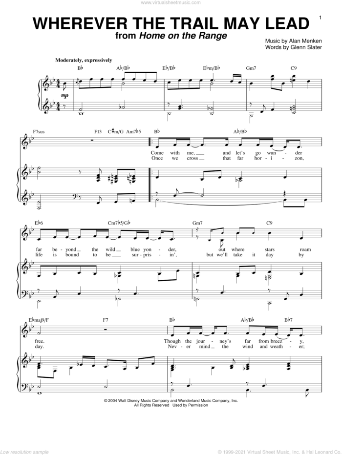 Wherever The Trail May Lead sheet music for voice and piano by Tim McGraw, Home On The Range (Movie), Alan Menken and Glenn Slater, intermediate skill level