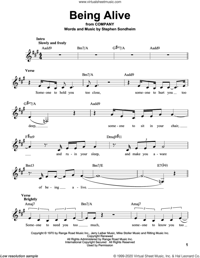 Being Alive sheet music for voice solo by Stephen Sondheim, intermediate skill level