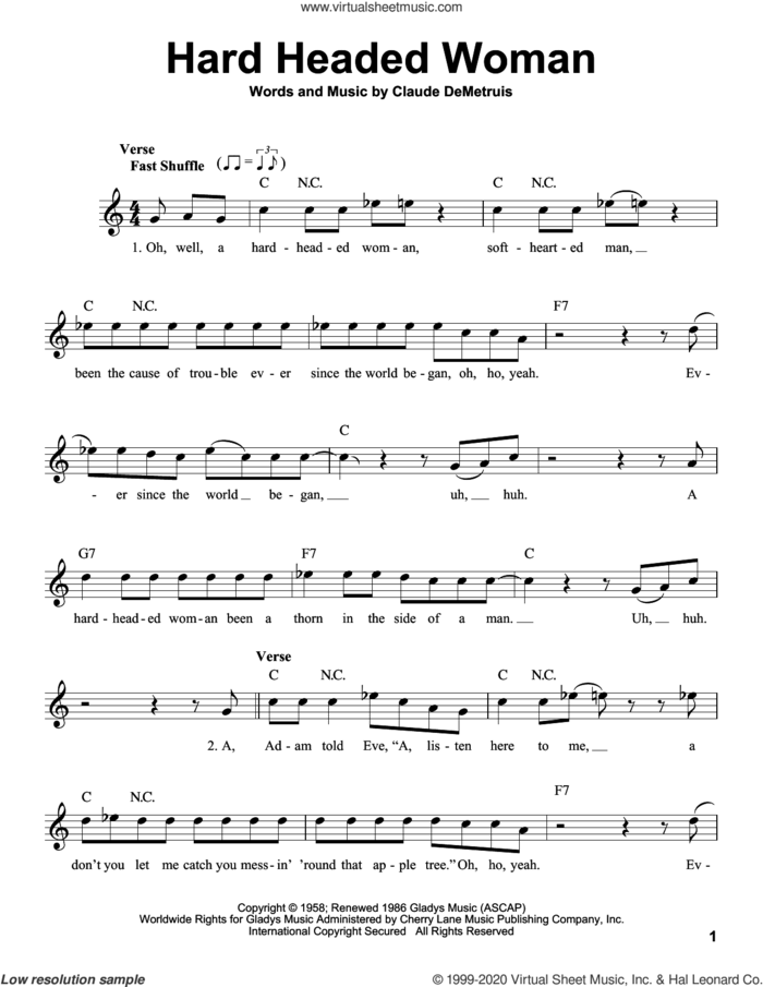 Hard Headed Woman sheet music for voice solo by Elvis Presley and Claude DeMetruis, intermediate skill level