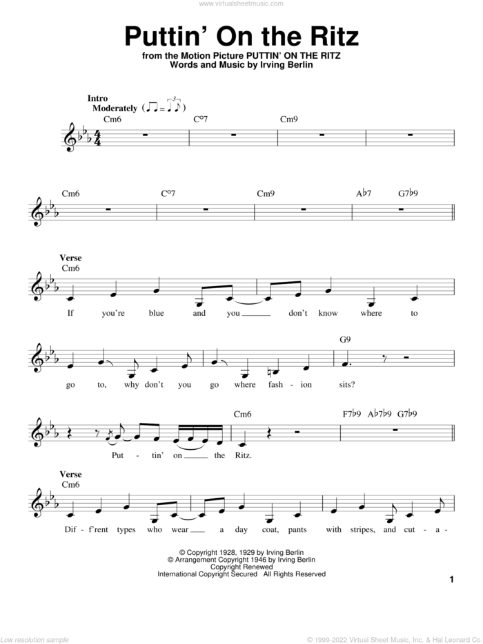 Puttin' On The Ritz sheet music for voice solo by Irving Berlin, intermediate skill level