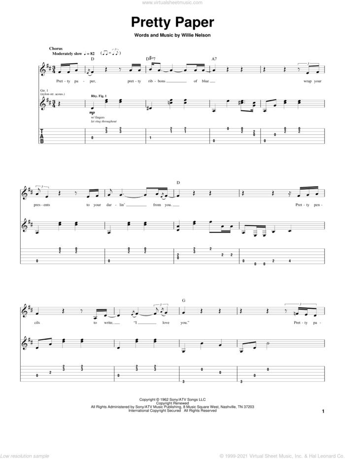 Pretty Paper sheet music for guitar (tablature) by Willie Nelson and Roy Orbison, intermediate skill level