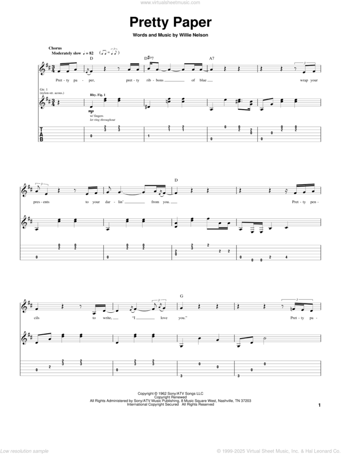 Pretty Paper sheet music for guitar (tablature) by Willie Nelson and Roy Orbison, intermediate skill level