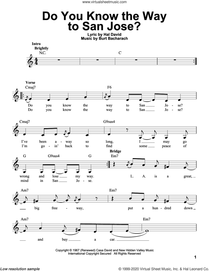 Do You Know The Way To San Jose sheet music for voice solo by Dionne Warwick, Burt Bacharach and Hal David, intermediate skill level