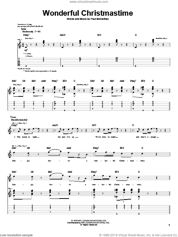Wonderful Christmastime sheet music for guitar (tablature) by Paul McCartney, intermediate skill level