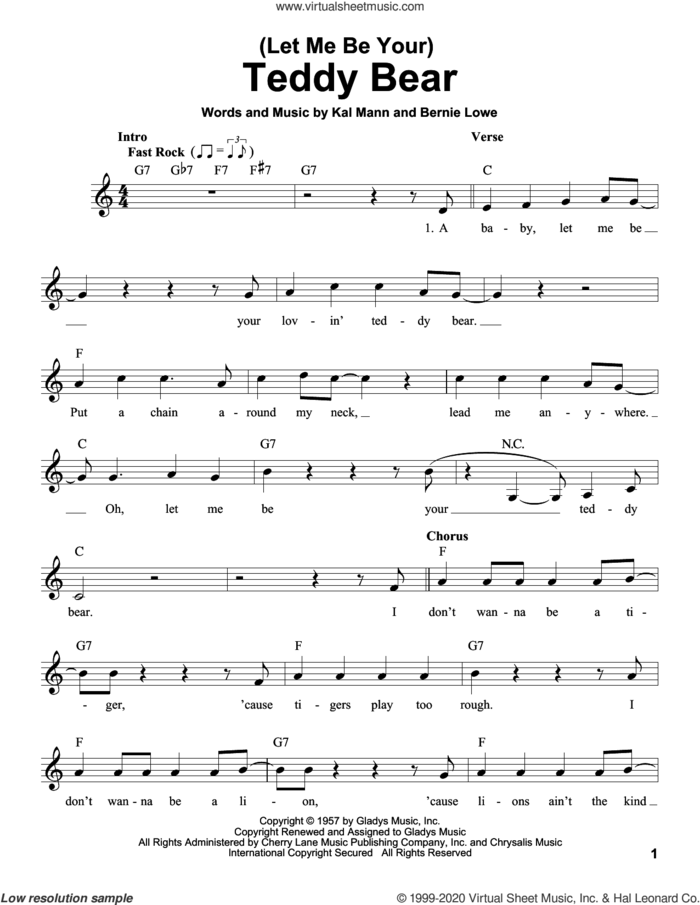 (Let Me Be Your) Teddy Bear sheet music for voice solo by Elvis Presley, Bernie Lowe and Kal Mann, intermediate skill level