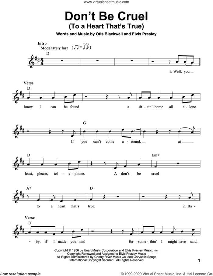 Don't Be Cruel (To A Heart That's True) sheet music for voice solo by Elvis Presley and Otis Blackwell, intermediate skill level