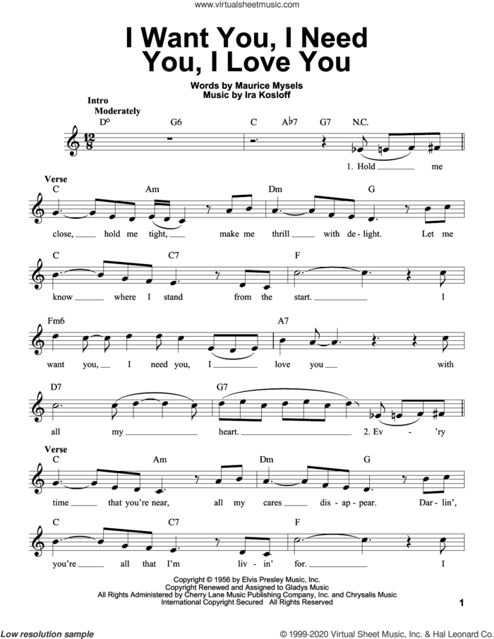 I Want You, I Need You, I Love You sheet music for voice solo by Elvis Presley, Ira Kosloff and Maurice Mysels, intermediate skill level