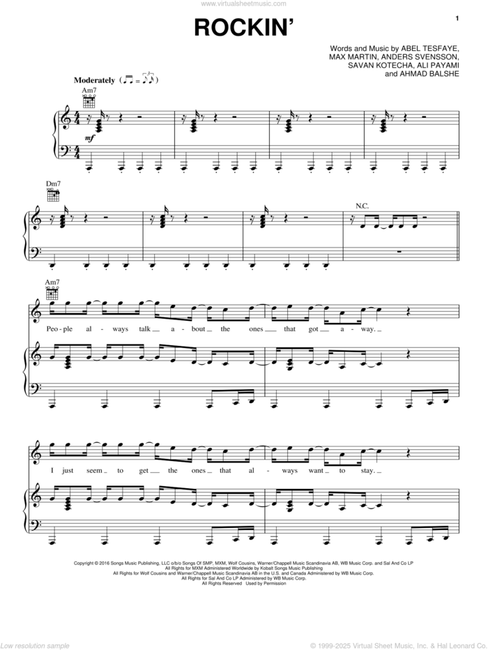 Rockin' sheet music for voice, piano or guitar by The Weeknd, Abel Tesfaye, Ahmad Balshe, Ali Payami, Anders Svensson, Max Martin and Savan Kotecha, intermediate skill level