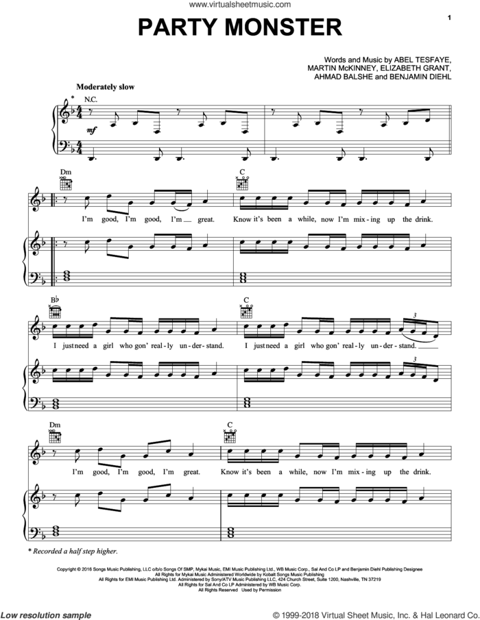 Party Monster sheet music for voice, piano or guitar by The Weeknd, Abel Tesfaye, Ahmad Balshe, Benjamin Diehl, Elizabeth Grant and Martin McKinney, intermediate skill level