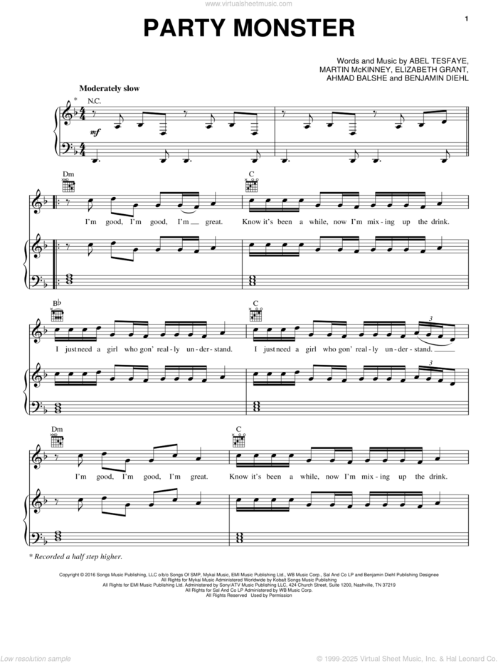 Party Monster sheet music for voice, piano or guitar by The Weeknd, Abel Tesfaye, Ahmad Balshe, Benjamin Diehl, Elizabeth Grant and Martin McKinney, intermediate skill level