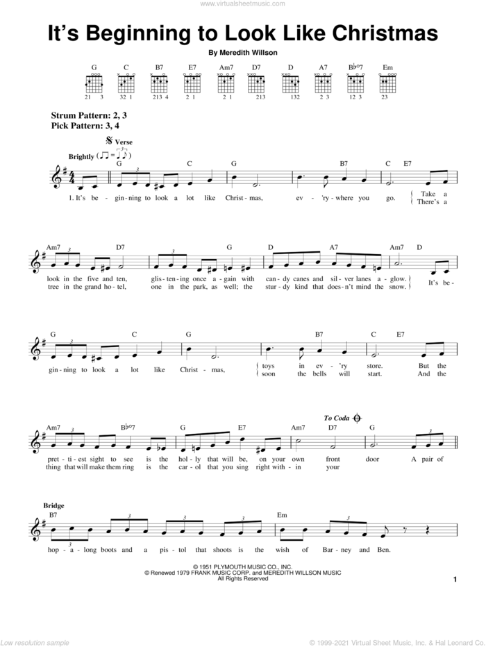 It's Beginning To Look Like Christmas sheet music for guitar solo (chords) by Meredith Willson, easy guitar (chords)