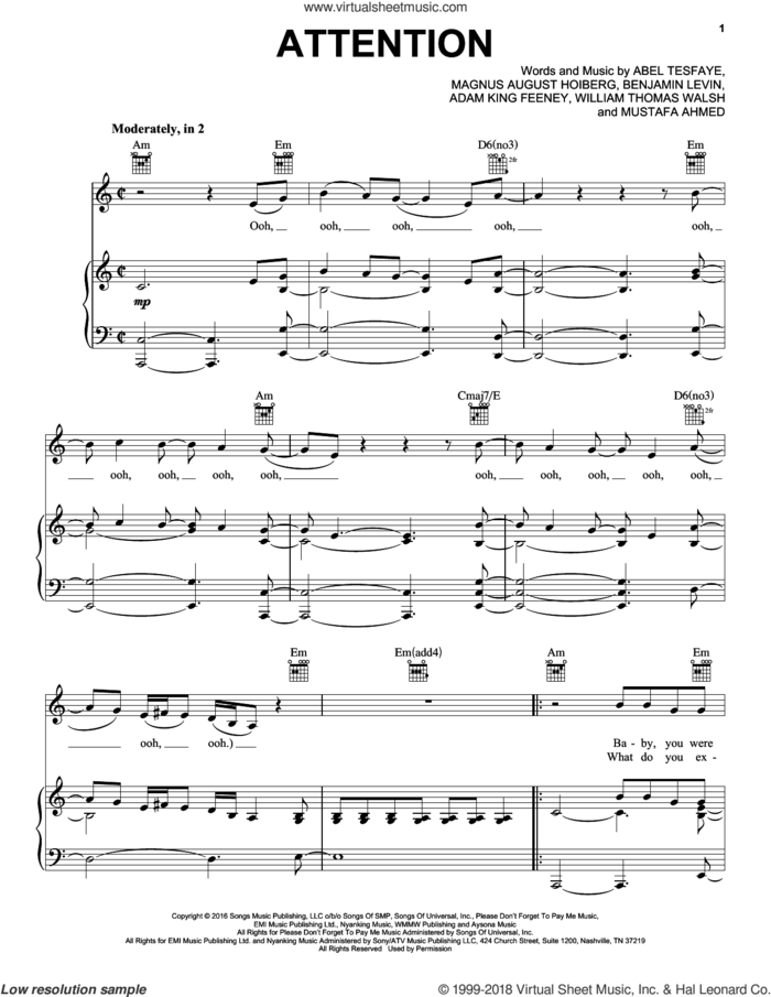 Attention sheet music for voice, piano or guitar by The Weeknd, Abel Tesfaye, Adam King Feeney, Benjamin Levin, Magnus August Hoiberg, Mustafa Ahmed and William Thomas Walsh, intermediate skill level