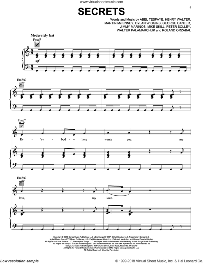 Secrets sheet music for voice, piano or guitar by The Weeknd, Abel Tesfaye, Dylan Wiggins, George Canler, Henry Walter, Jimmy Marinos, Martin McKinney, Mike Skill, Peter Solley, Roland Orzabal and Walter Palamarchuk, intermediate skill level