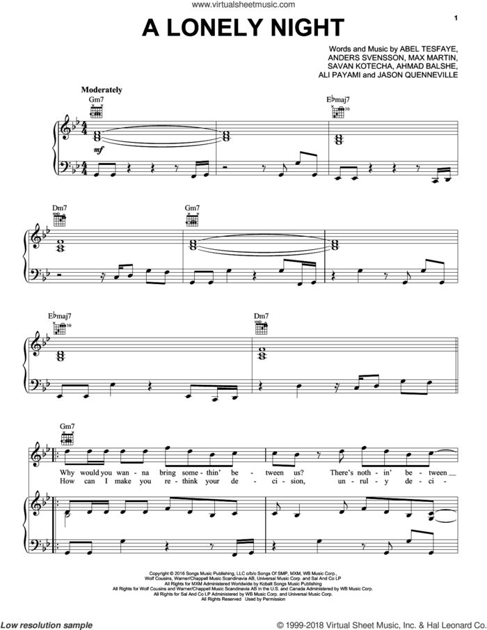 A Lonely Night sheet music for voice, piano or guitar by The Weeknd, Abel Tesfaye, Ahmad Balshe, Ali Payami, Anders Svensson, Jason Quenneville, Max Martin and Savan Kotecha, intermediate skill level