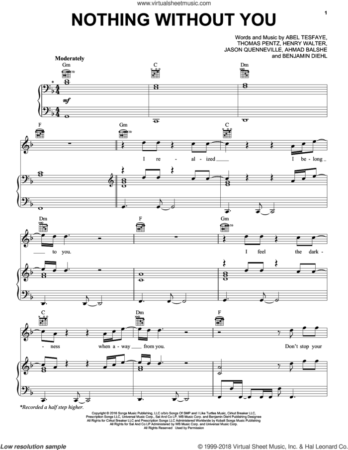 Nothing Without You sheet music for voice, piano or guitar by The Weeknd, Abel Tesfaye, Ahmad Balshe, Benjamin Diehl, Henry Walter, Jason Quenneville and Thomas Wesley Pentz, intermediate skill level