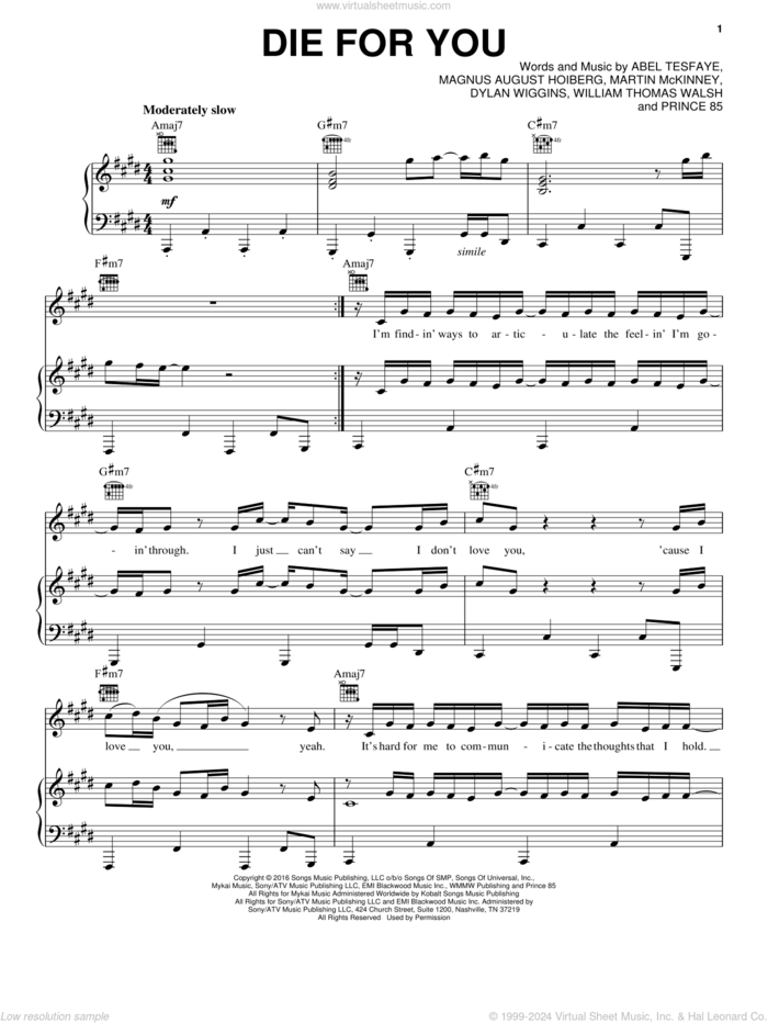 Die For You sheet music for voice, piano or guitar by The Weeknd, Abel Tesfaye, Dylan Wiggins, Magnus August Hoiberg, Martin McKinney, Prince 85 and William Thomas Walsh, intermediate skill level
