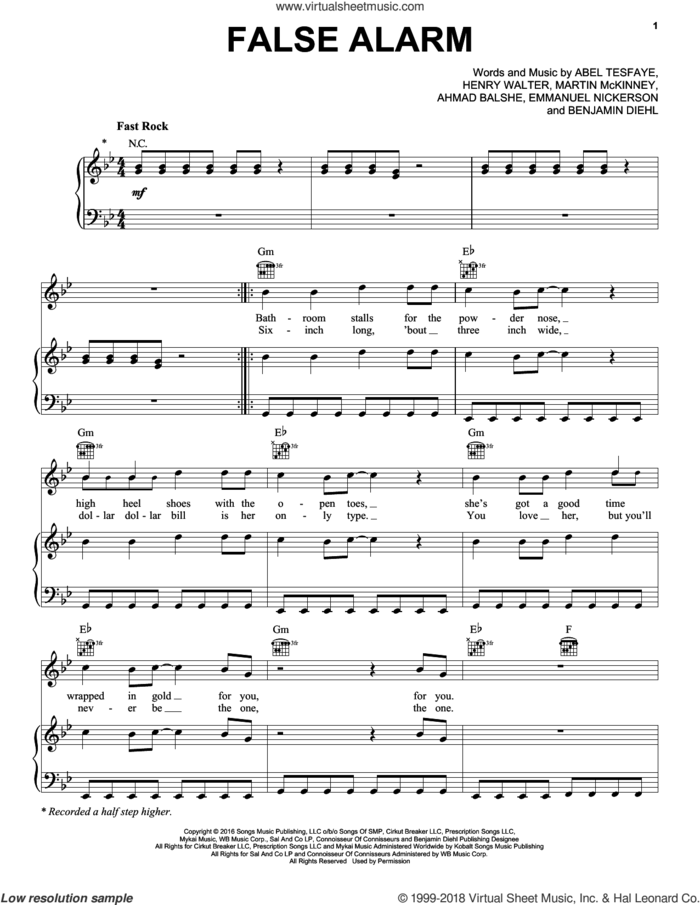 False Alarm sheet music for voice, piano or guitar by The Weeknd, Abel Tesfaye, Ahmad Balshe, Benjamin Diehl, Emmanuel Nickerson, Henry Walter and Martin McKinney, intermediate skill level