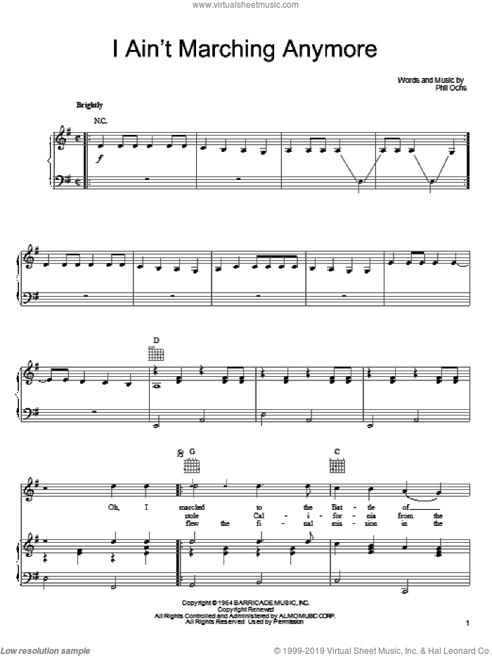 I Ain't Marching Anymore sheet music for voice, piano or guitar by Phil Ochs, intermediate skill level