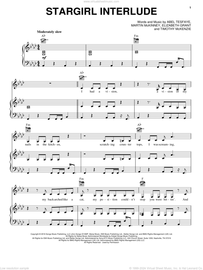 Stargirl Interlude sheet music for voice, piano or guitar by The Weeknd, Abel Tesfaye, Elizabeth Grant, Martin McKinney and Timothy McKenzie, intermediate skill level