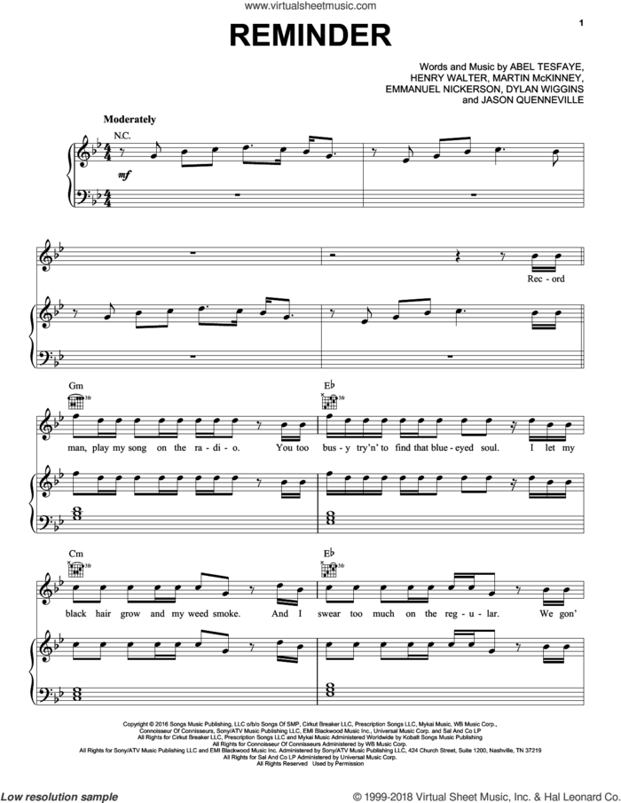 Reminder sheet music for voice, piano or guitar by The Weeknd, Abel Tesfaye, Dylan Wiggins, Emmanuel Nickerson, Henry Walter, Jason Quenneville and Martin McKinney, intermediate skill level