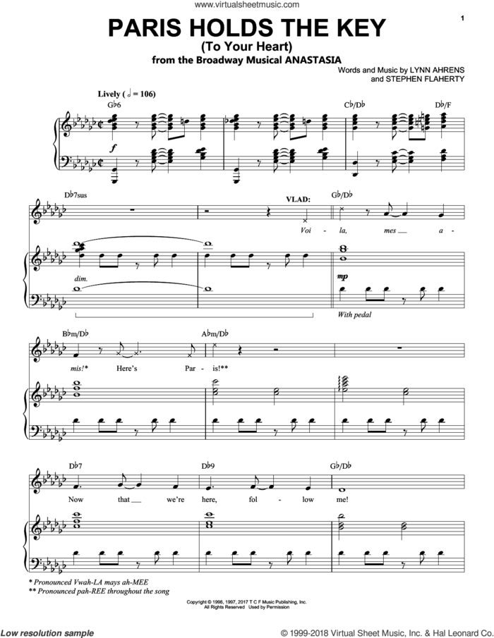 Paris Holds The Key (To Your Heart) sheet music for voice and piano by Stephen Flaherty and Lynn Ahrens, intermediate skill level