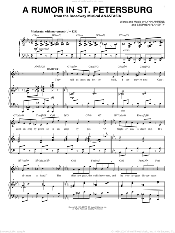 A Rumor In St. Petersburg sheet music for voice and piano by Stephen Flaherty and Lynn Ahrens, intermediate skill level