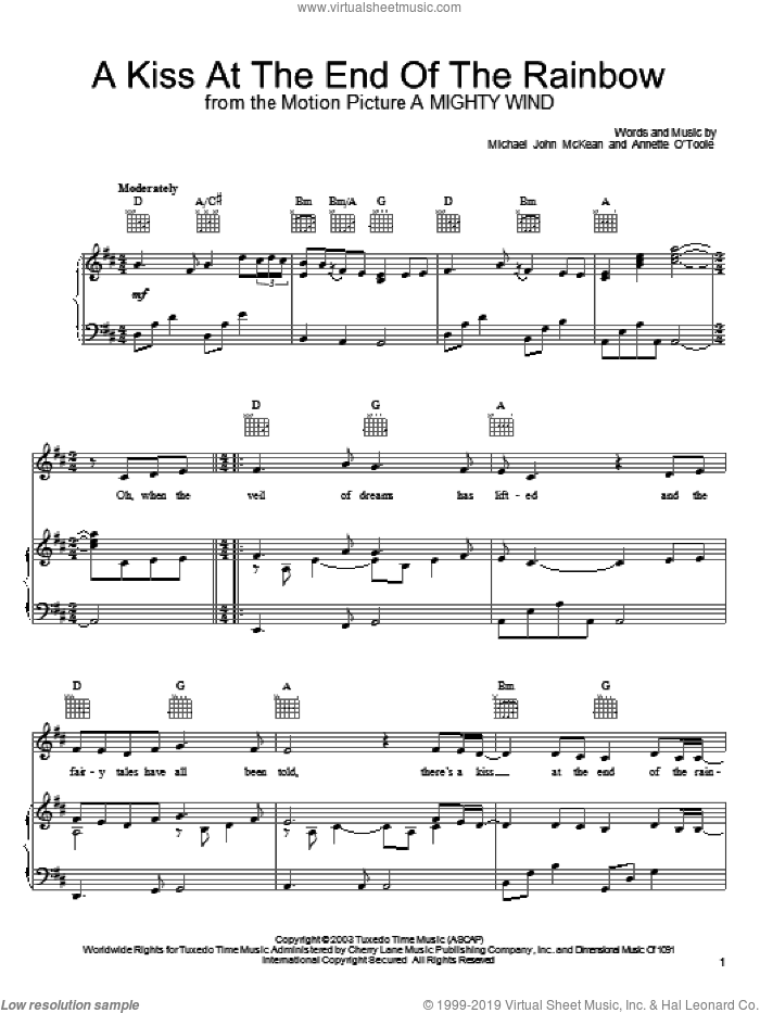 A Kiss At The End Of The Rainbow sheet music for voice, piano or guitar by Mitch & Mickey, A Mighty Wind (Movie) and Michael John McKean, intermediate skill level